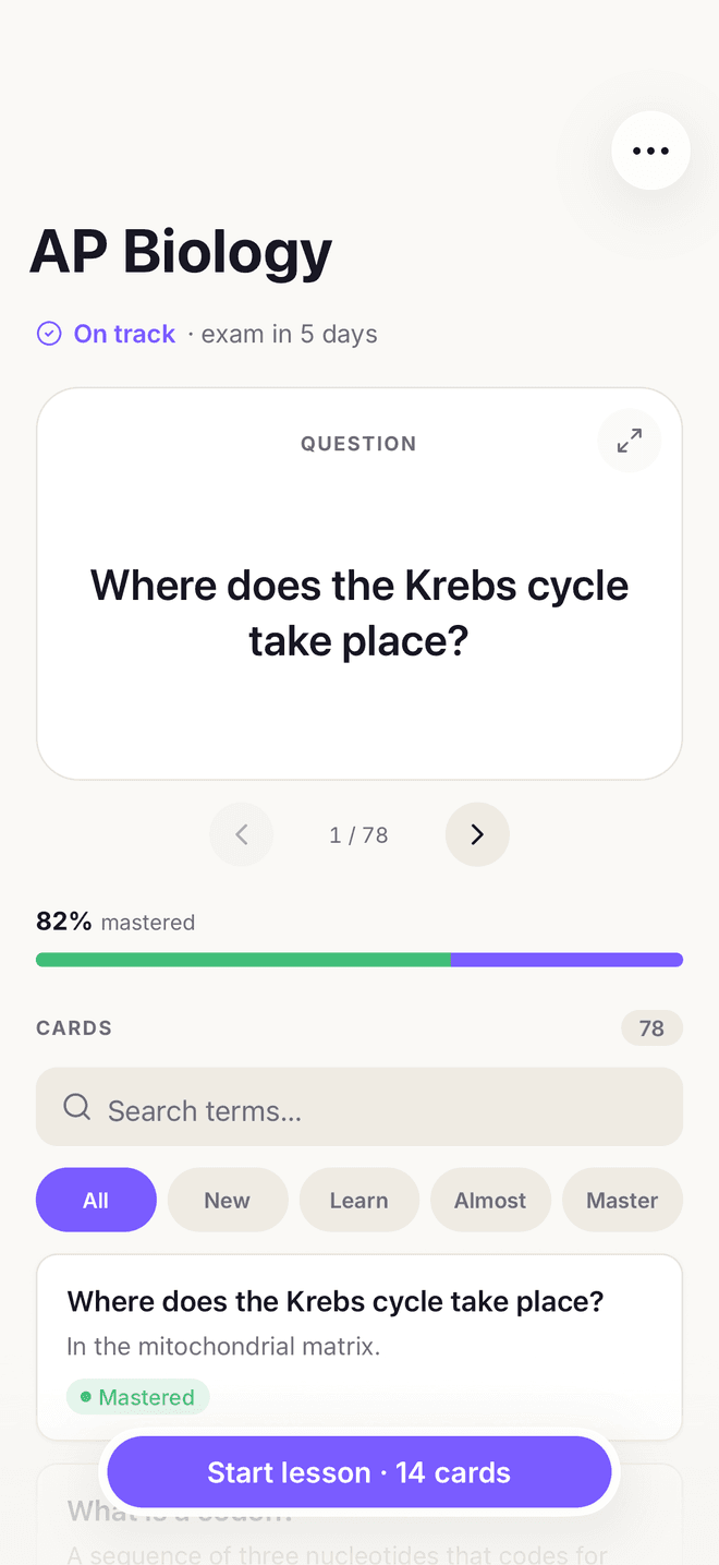 A generated AP Biology deck on iPhone: 78 cards, 82% mastered, and an exam countdown