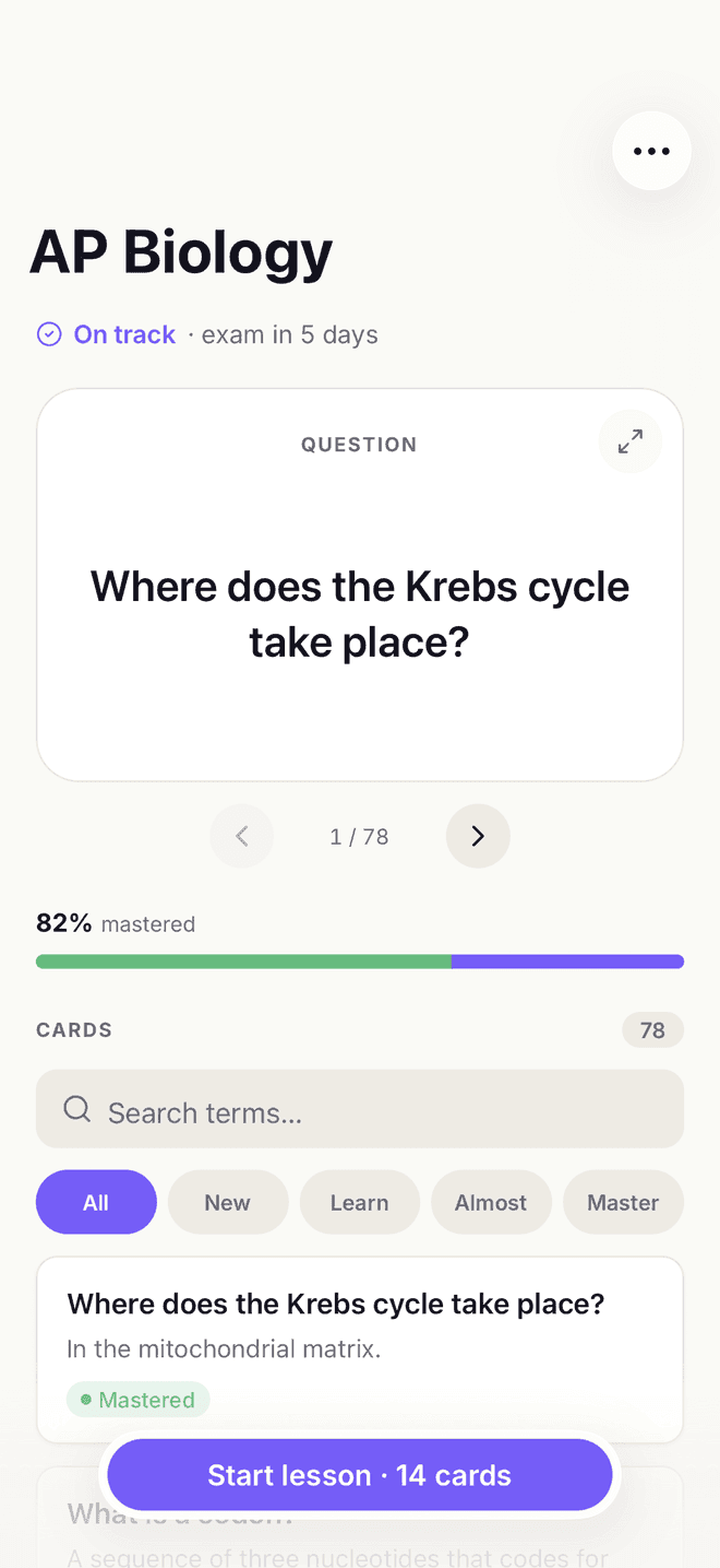 Cram's study screen on iPhone showing an AI-generated flashcard ready to be flipped and rated